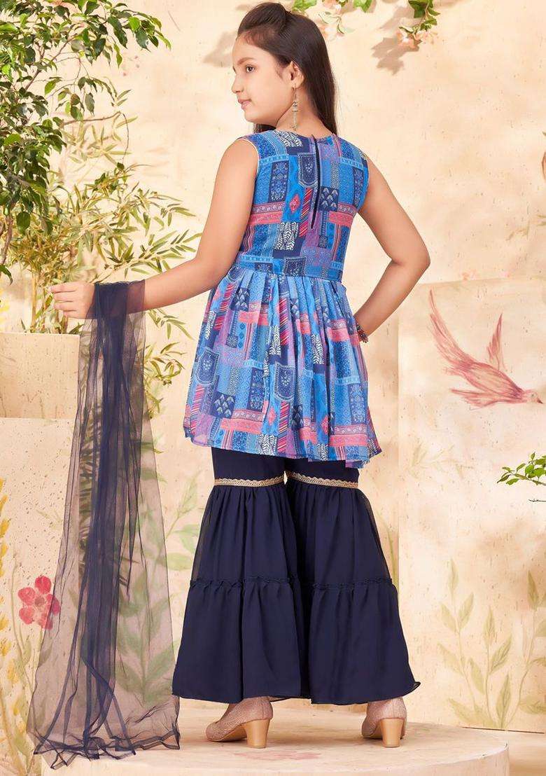 Blue Printed Georgette Kurta Set For Girls - Indya