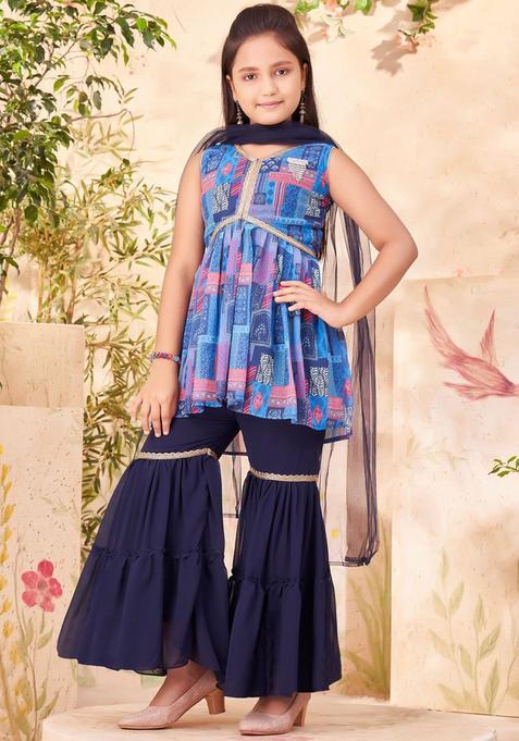 Blue Printed Georgette Kurta Set For Girls — view on Indya