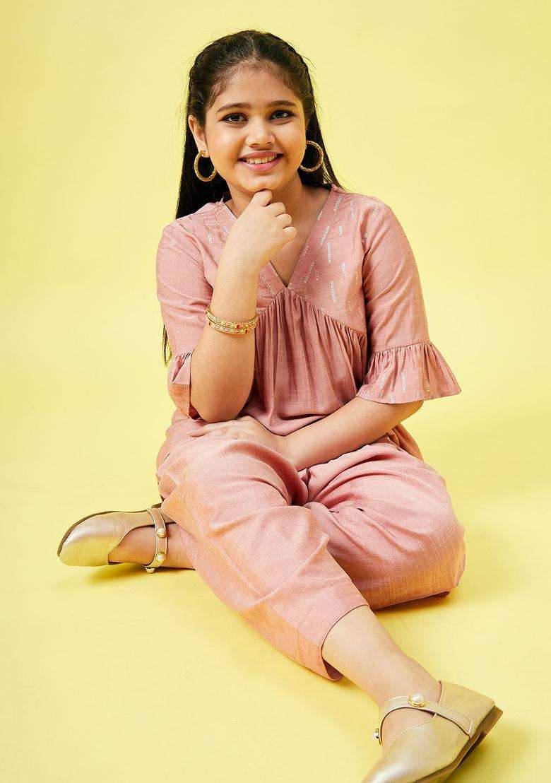Peach Solid Silk Kurta Set For Girls - Indya
