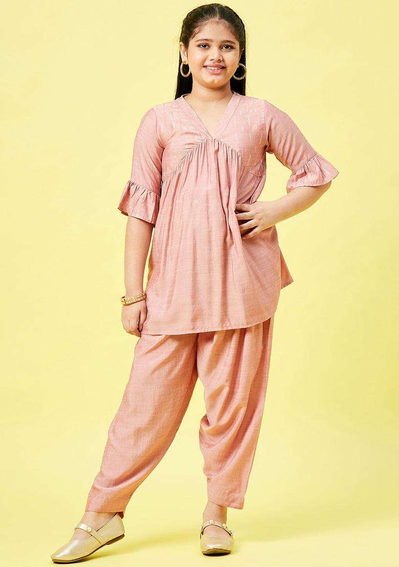 Peach Solid Silk Kurta Set For Girls - Indya