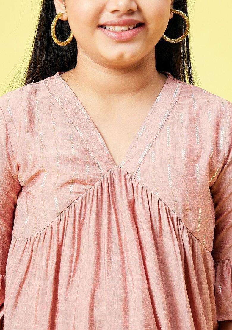 Peach Solid Silk Kurta Set For Girls - Indya