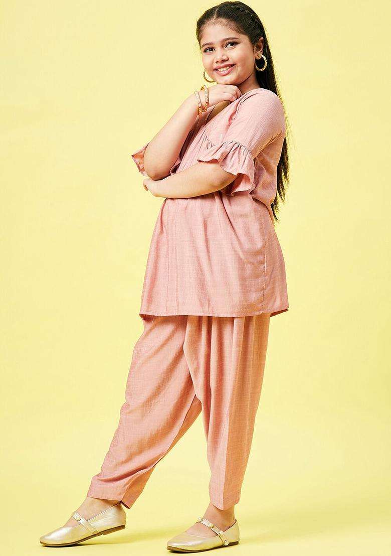 Peach Solid Silk Kurta Set For Girls - Indya
