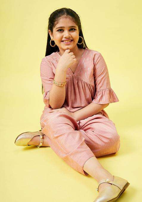 Peach Solid Silk Kurta Set For Girls
