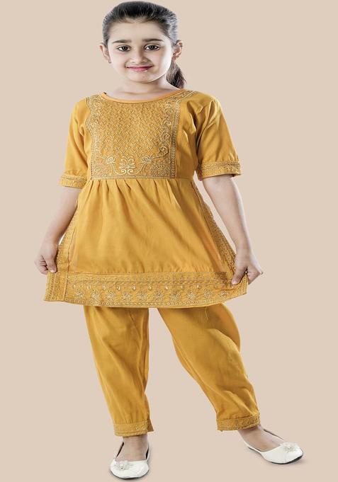 Yellow Embroidered Viscose Kurta Set For Girls — view on Indya