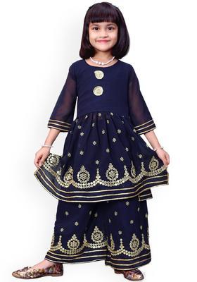 Navy Blue Embroidered Georgette Kurta Set For Girls