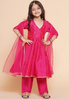 Pink Embroidered Silk Kurta Set For Girls