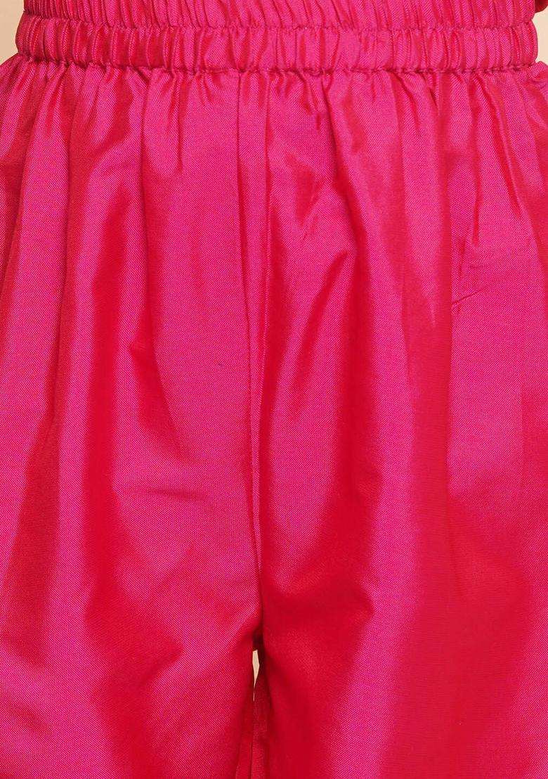 Pink Embroidered Silk Kurta Set For Girls - Indya