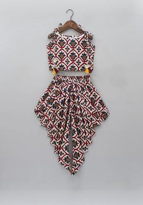 Off White Printed Cotton Kurta Set For Girls