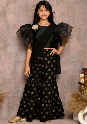 Black Self Design Silk Kurta Set For Girls