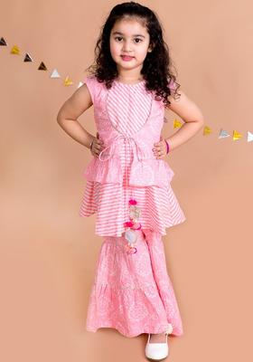 Pink Striped Cotton Kurta Set For Girls