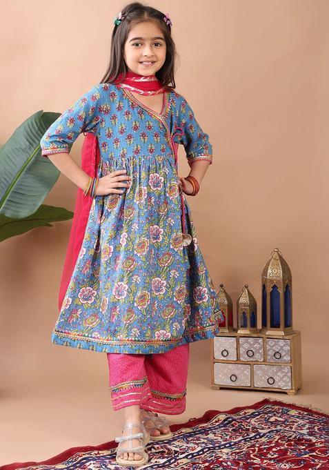 Blue Printed Cotton Kurta Set For Girls — view on Indya