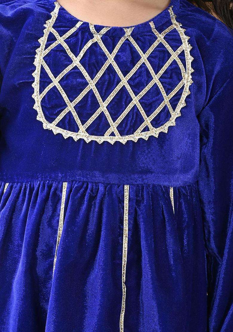 Blue Yoke Design Velvet Kurta Set For Girls - Indya