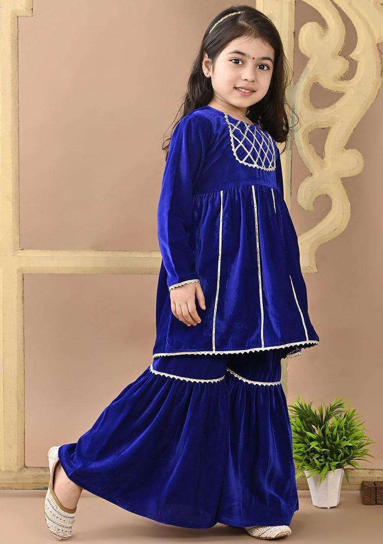 Blue Yoke Design Velvet Kurta Set For Girls - Indya