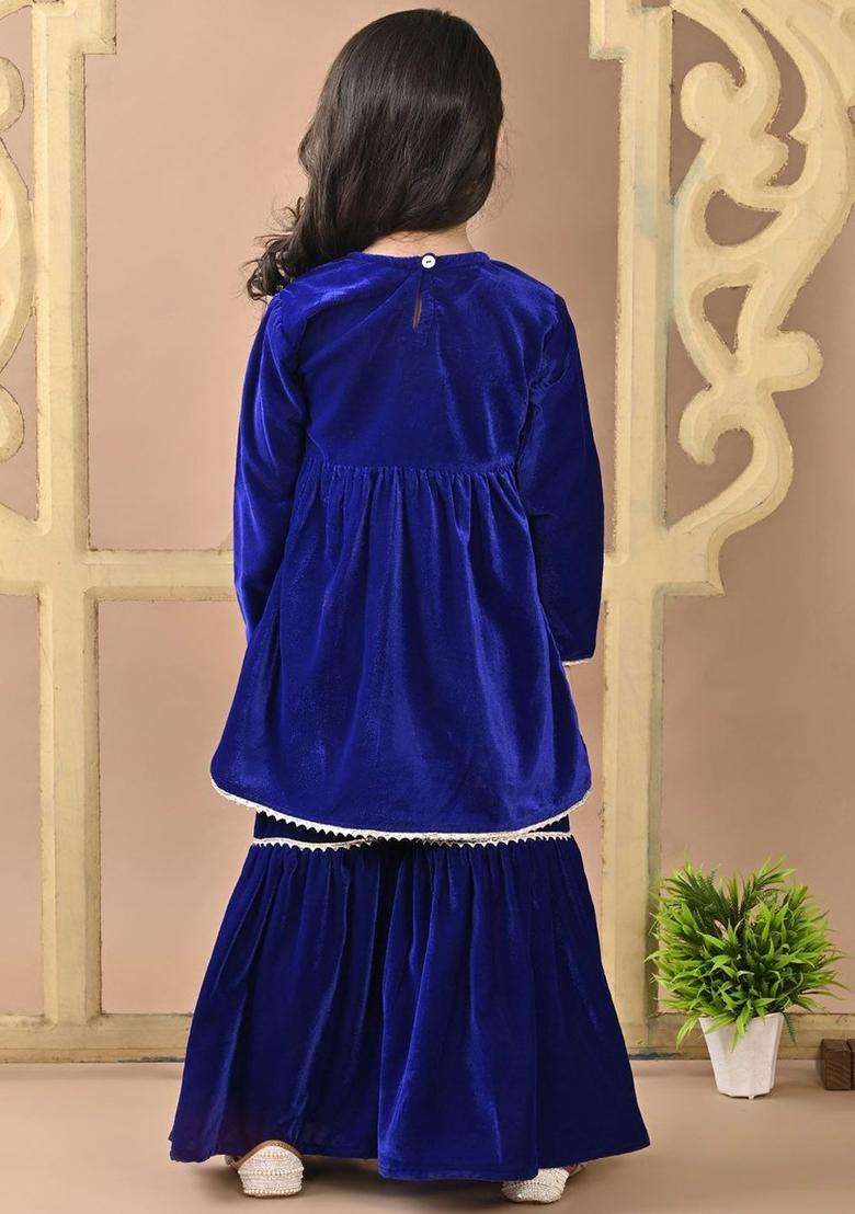 Blue Yoke Design Velvet Kurta Set For Girls - Indya