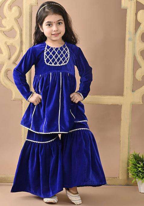 Blue Yoke Design Velvet Kurta Set For Girls