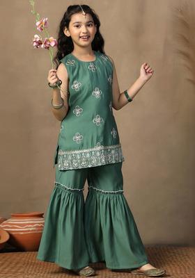 Green Embroidered Silk Kurta Set For Girls