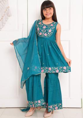 Green Embroidered Silk Kurta Set For Girls