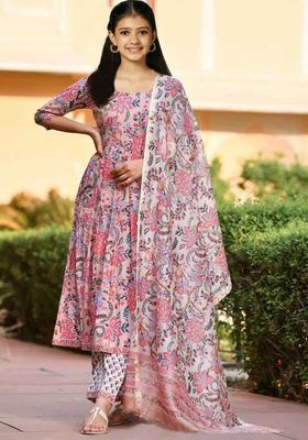 Pink Printed Silk Kurta Set For Girls