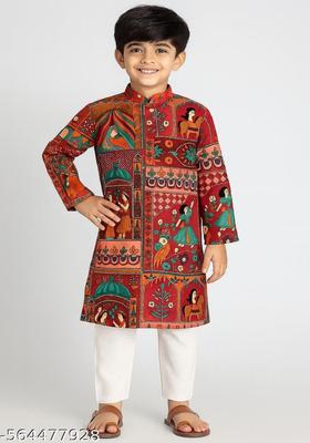 Red Self Design Cotton Kurta Set For Girls
