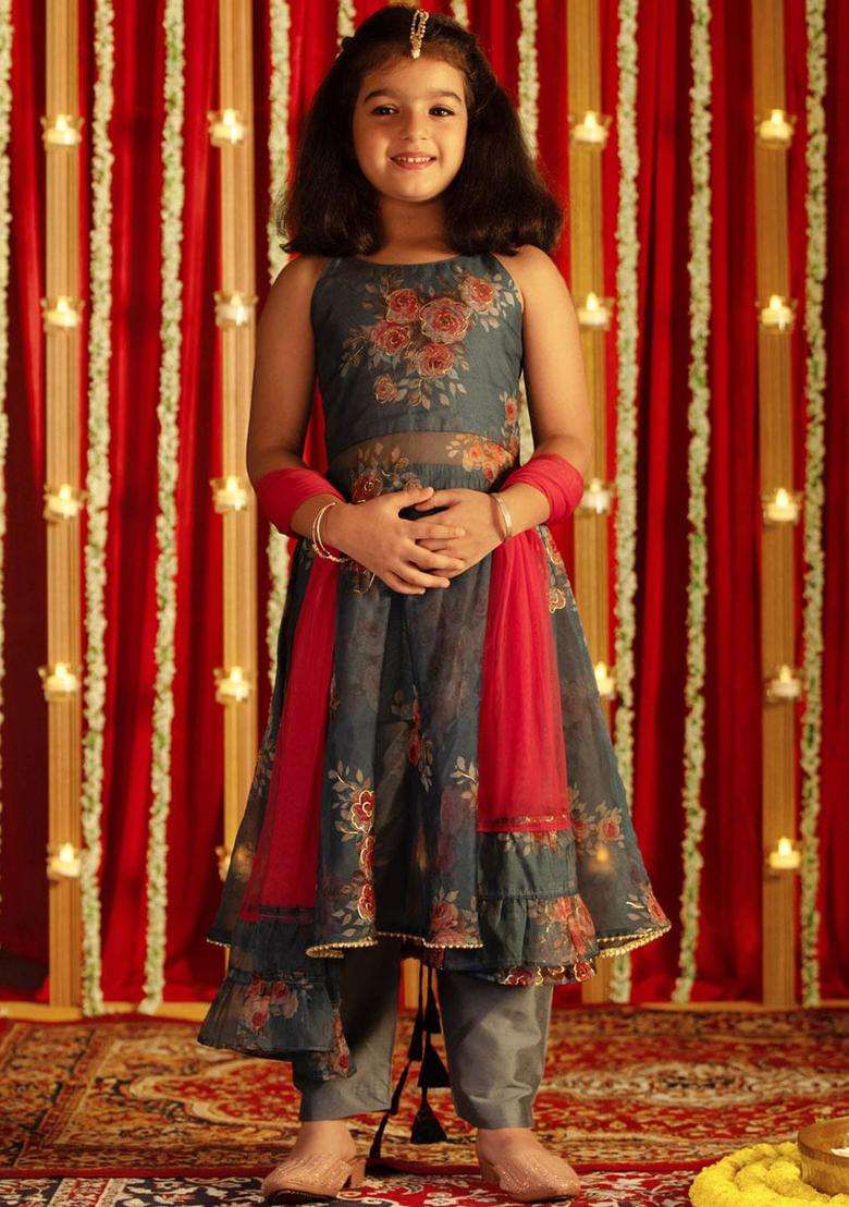 Grey Printed Organza Kurta Set For Girls - Indya