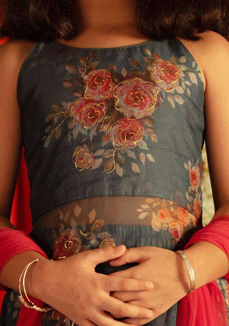 Grey Printed Organza Kurta Set For Girls - Indya
