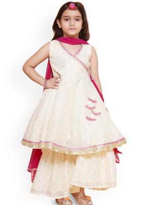 Cream Woven Design Silk Kurta Set For Girls