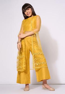 Yellow Solid Nylon Kurta Set For Girls