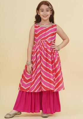 Pink Printed Silk Kurta Set For Girls