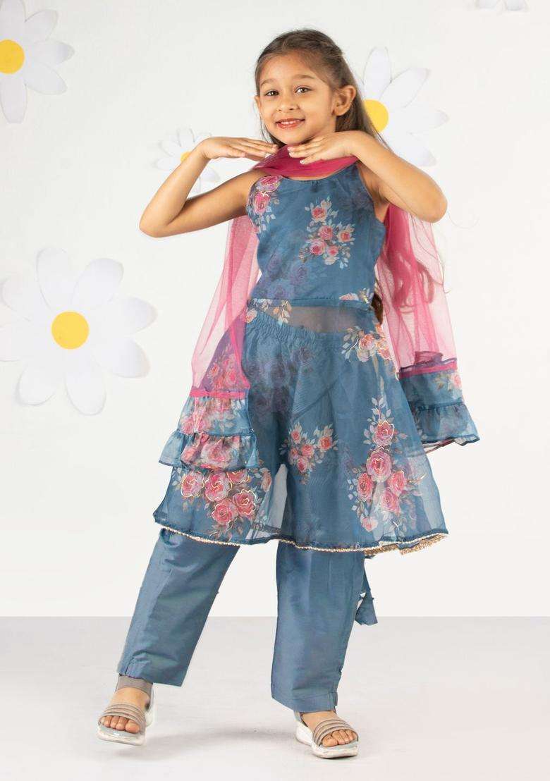 Grey Printed Organza Kurta Set For Girls - Indya