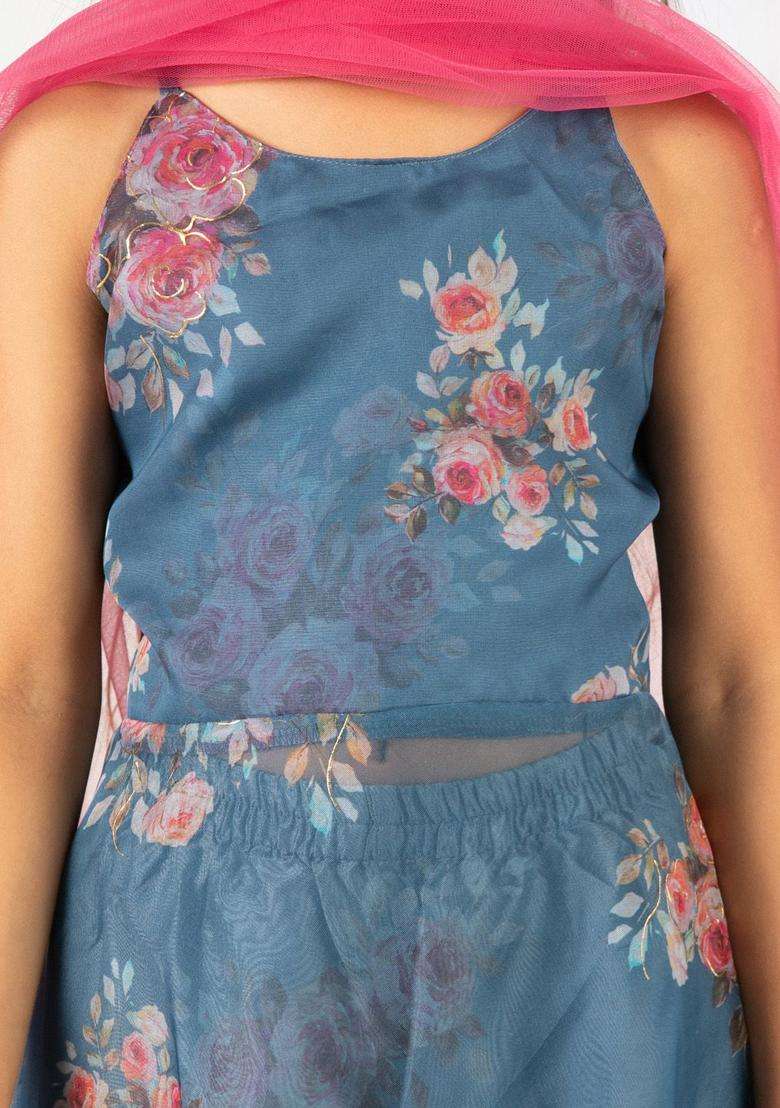 Grey Printed Organza Kurta Set For Girls - Indya