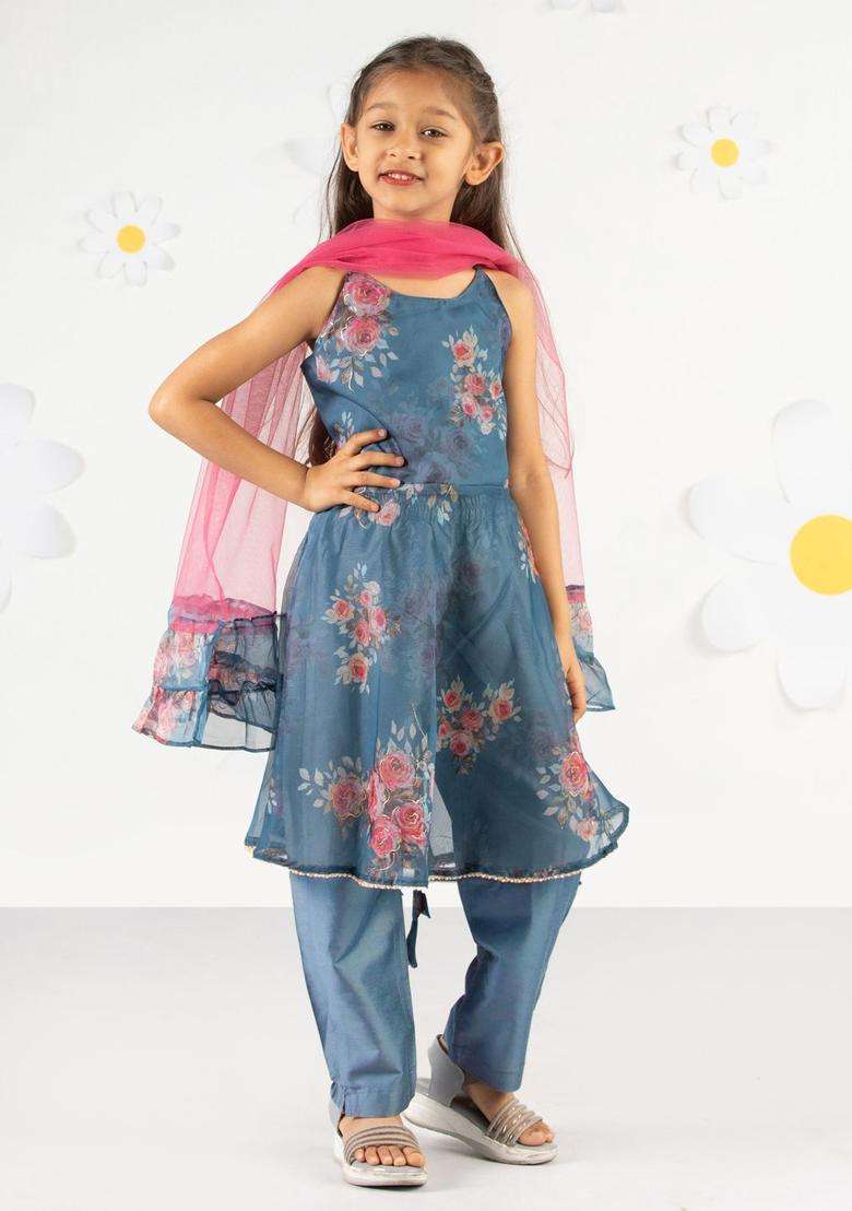 Grey Printed Organza Kurta Set For Girls - Indya