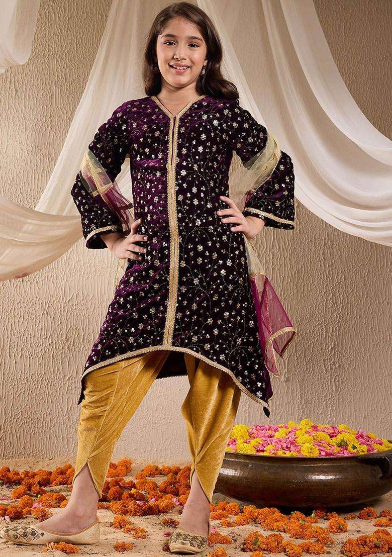 Purple Embroidered Velvet Kurta Set For Girls - Indya