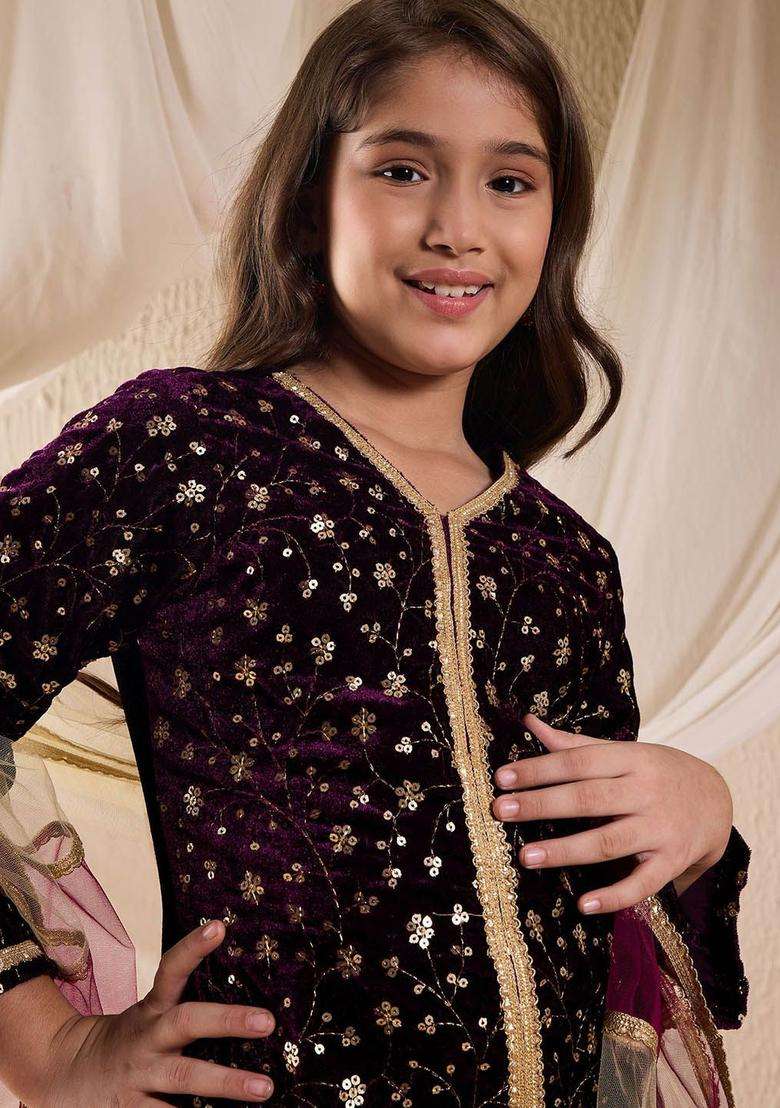Purple Embroidered Velvet Kurta Set For Girls - Indya
