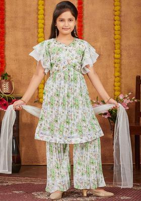 Sea Green Printed Georgette Kurta Set For Girls