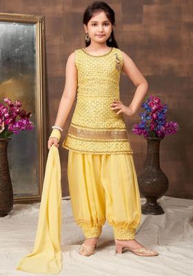 Yellow Embroidered Georgette Kurta Set For Girls