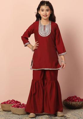 Maroon Embroidered Silk Kurta Set For Girls