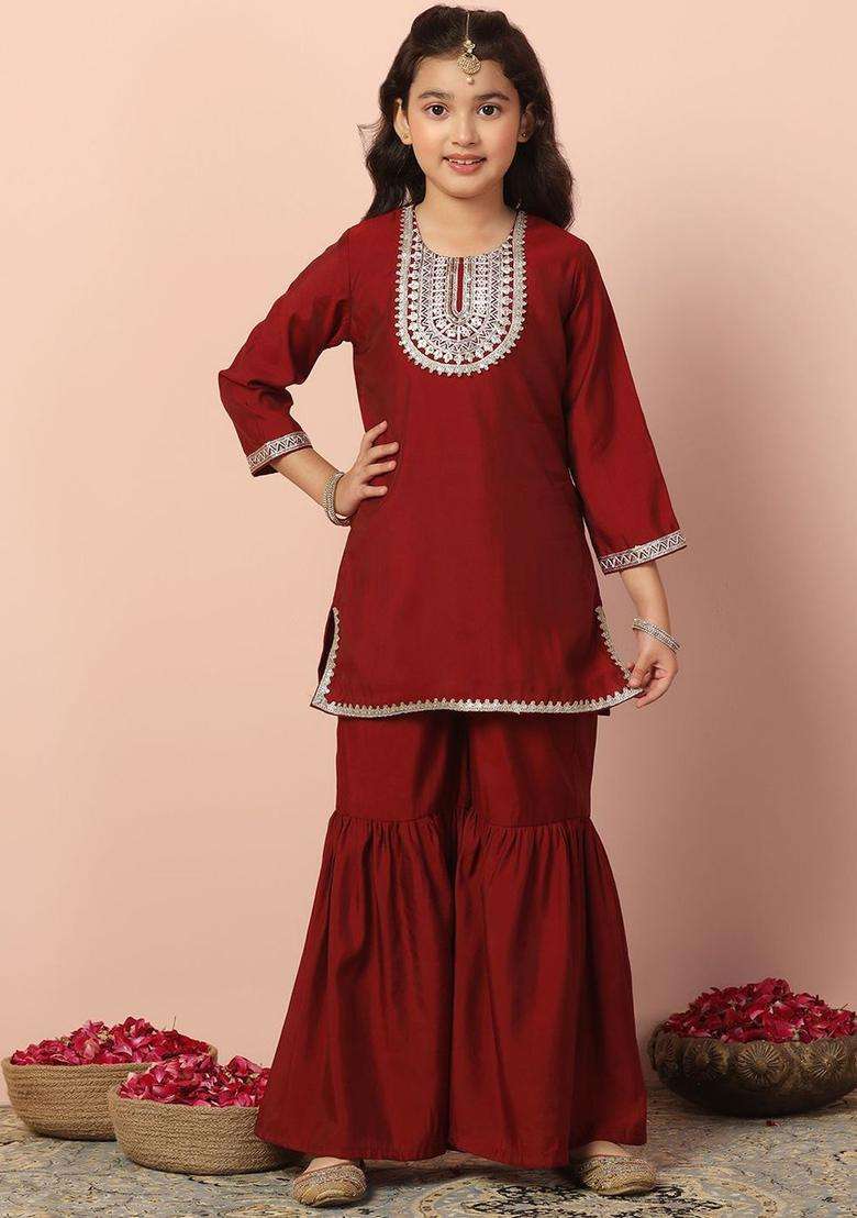 Maroon Embroidered Silk Kurta Set For Girls - Indya