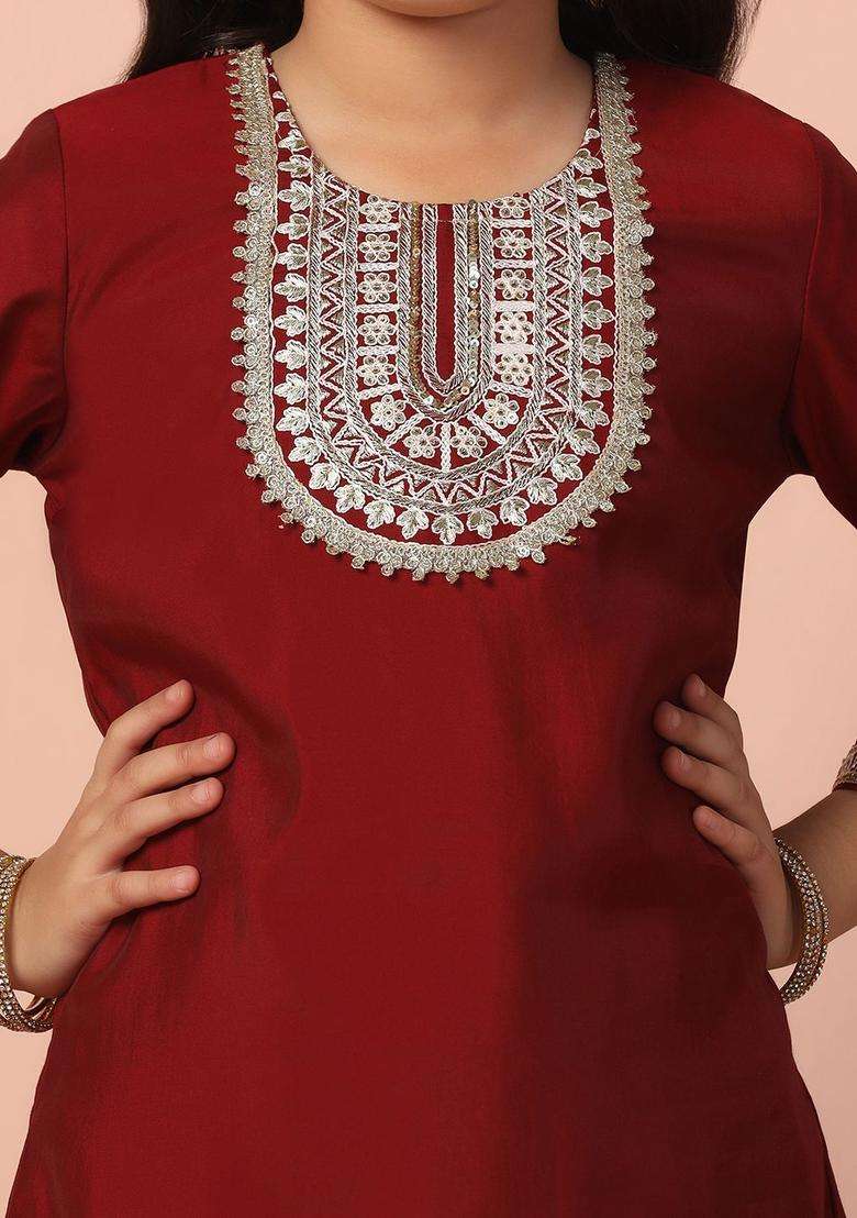 Maroon Embroidered Silk Kurta Set For Girls - Indya