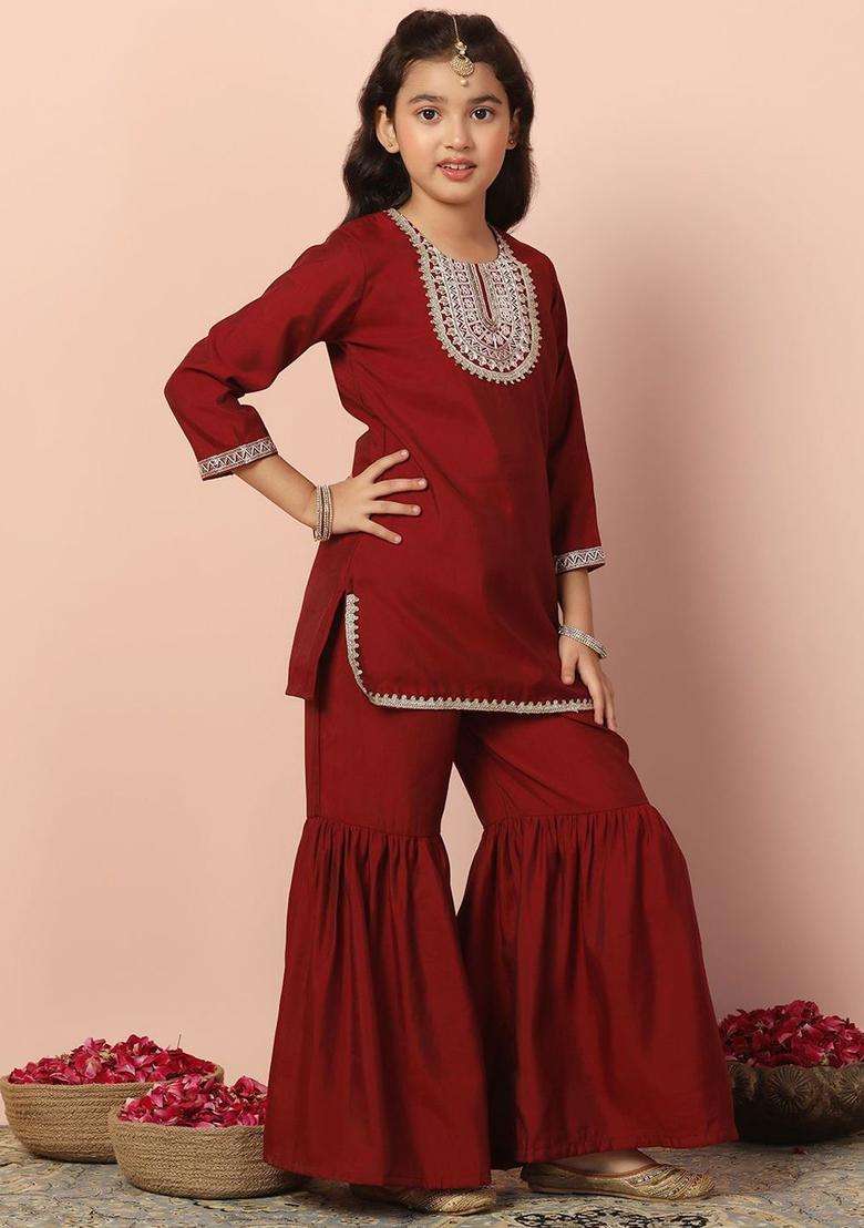 Maroon Embroidered Silk Kurta Set For Girls - Indya