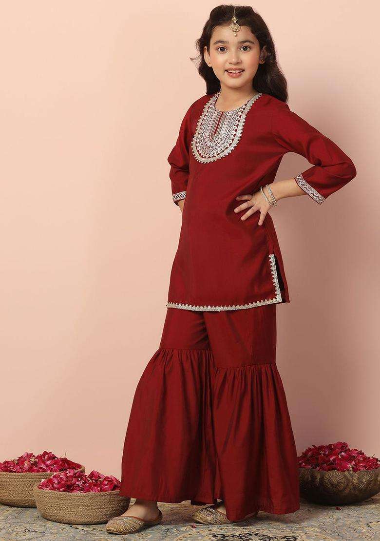 Maroon Embroidered Silk Kurta Set For Girls - Indya
