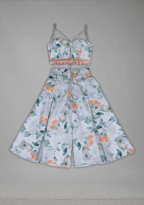 Grey Melange Printed Cotton Kurta Set For Girls