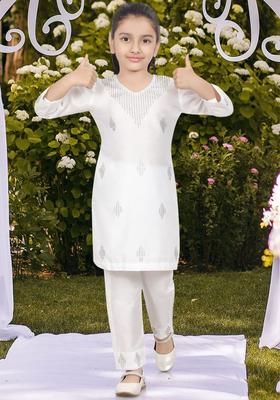 White Embroidered Silk Kurta Set For Girls