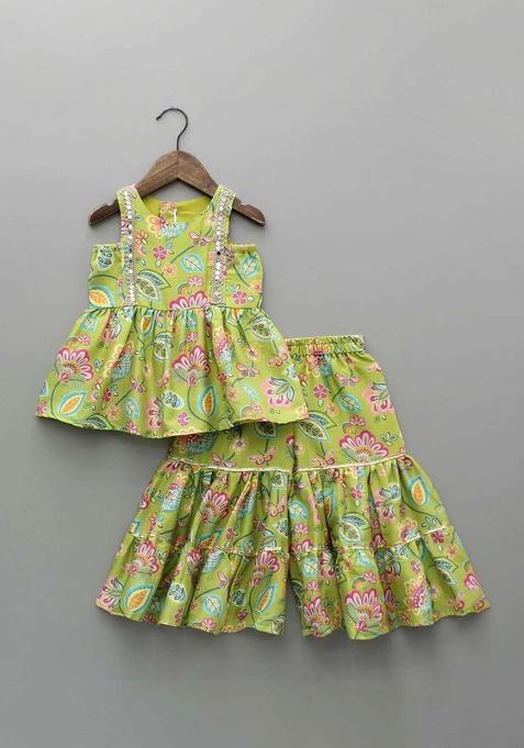 Lime Green Printed Polyester Kurta Set For Girls — view on Indya