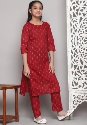 Maroon Printed Viscose Kurta Set For Girls