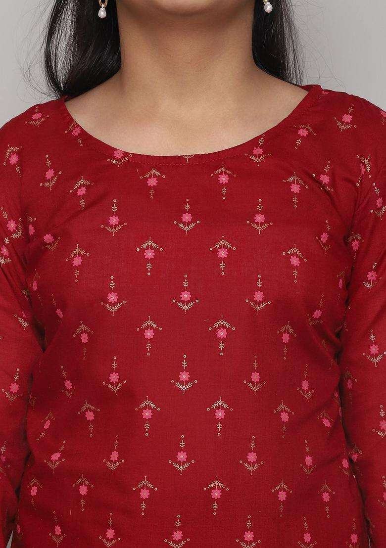 Maroon Printed Viscose Kurta Set For Girls - Indya