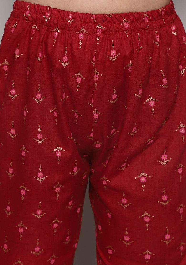 Maroon Printed Viscose Kurta Set For Girls - Indya