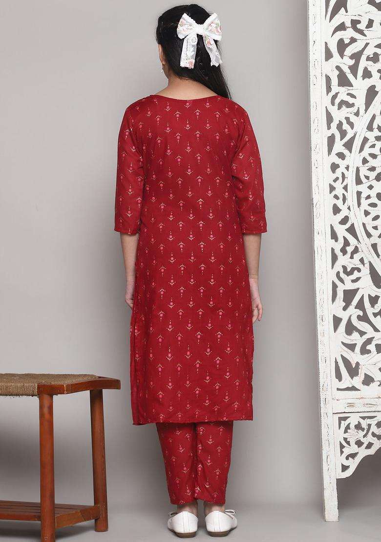 Maroon Printed Viscose Kurta Set For Girls - Indya