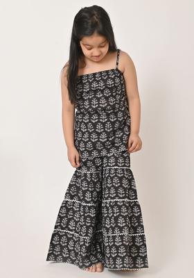 Black Printed Cotton Kurta Set For Girls