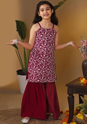 Maroon Embroidered Silk Kurta Set For Girls