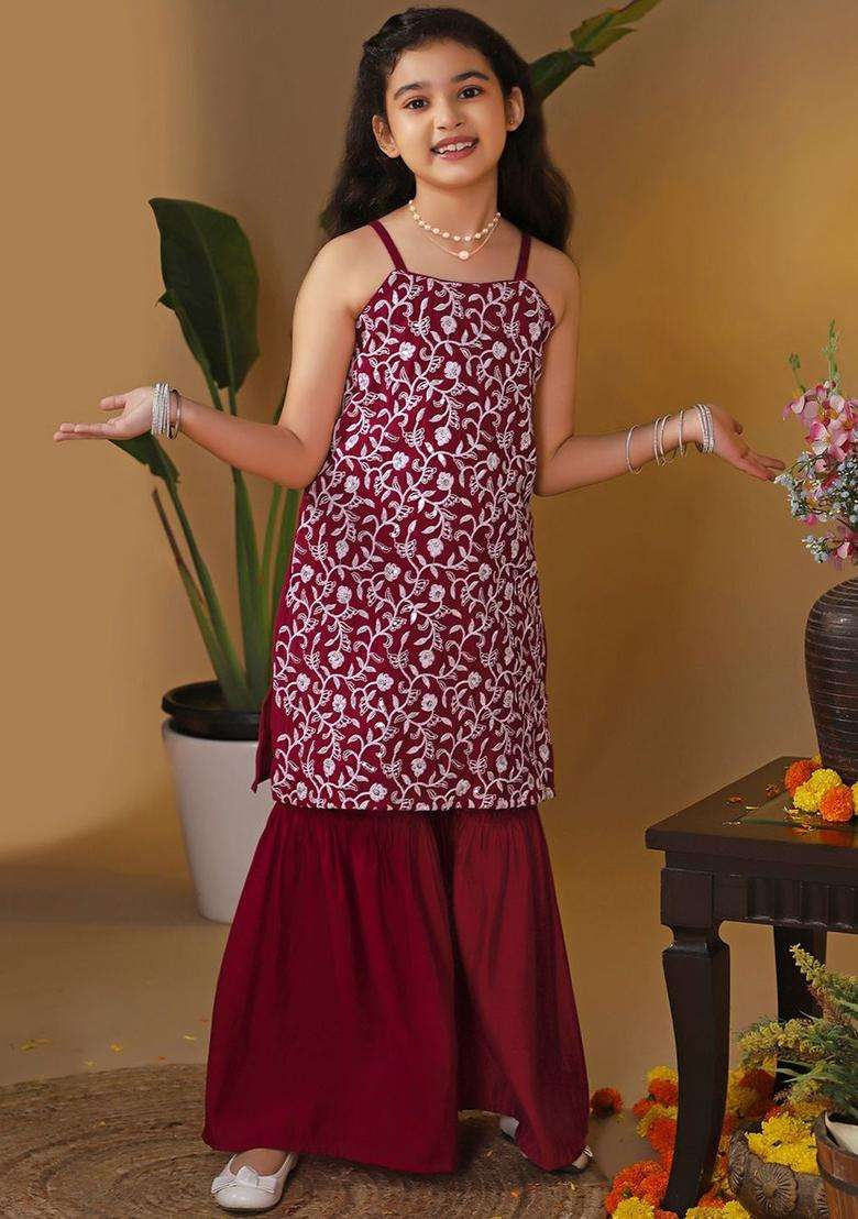 Maroon Embroidered Silk Kurta Set For Girls - Indya